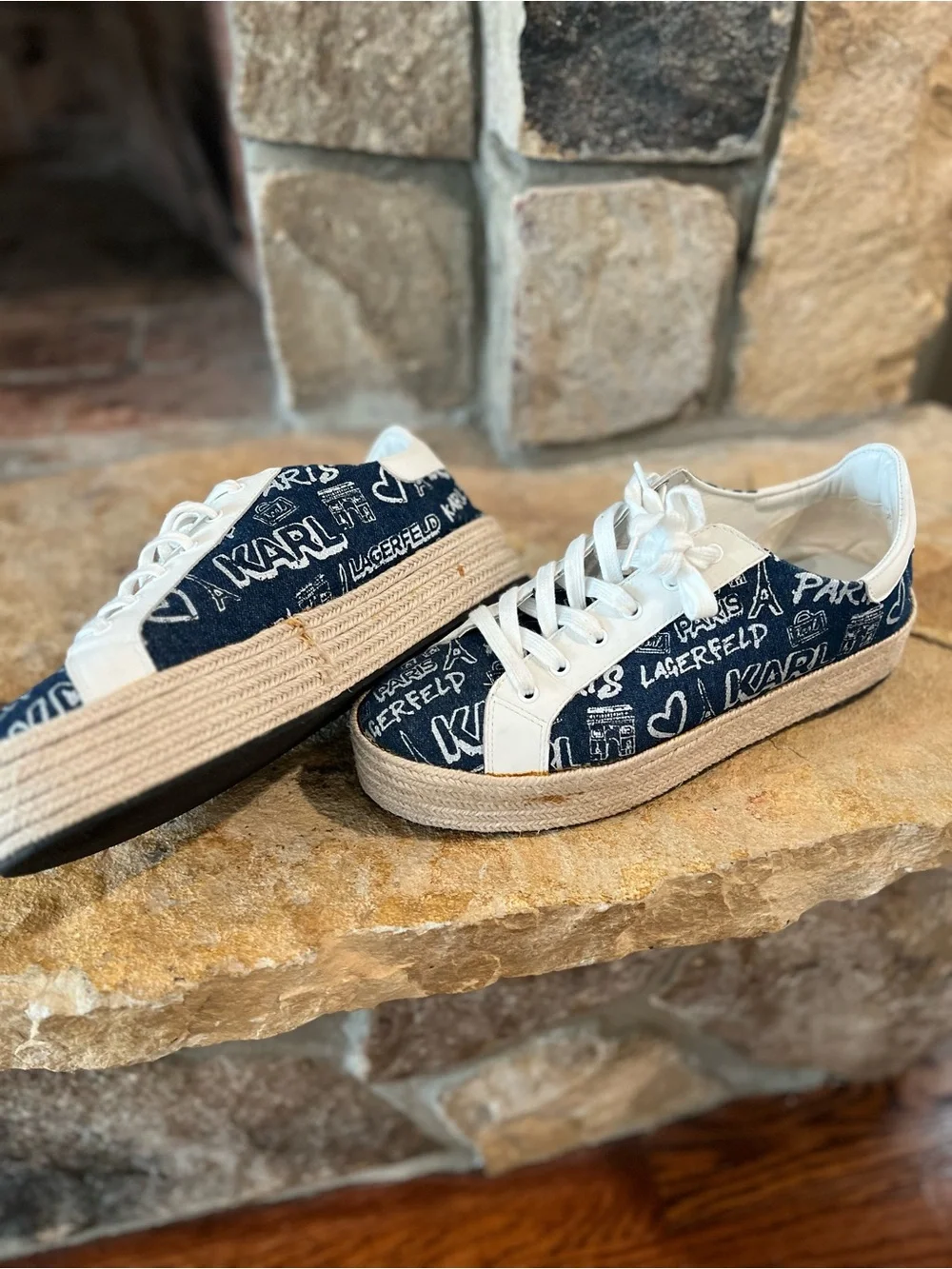 Karl Lagerfeld Navy and White Logo Espadrille Platform Sneakers